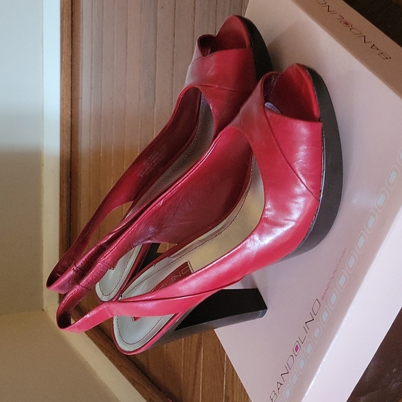 Nine West Red Leather Slingback Open Toe Half Inch Platform Heels - Picture 2 of 8